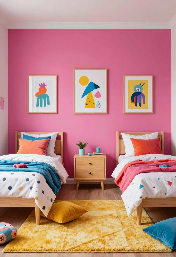 16 Bedroom With Two Beds Ideas: Shared Practical Comfort - 9. Shared Bedroom with Vibrant Accent Walls 1