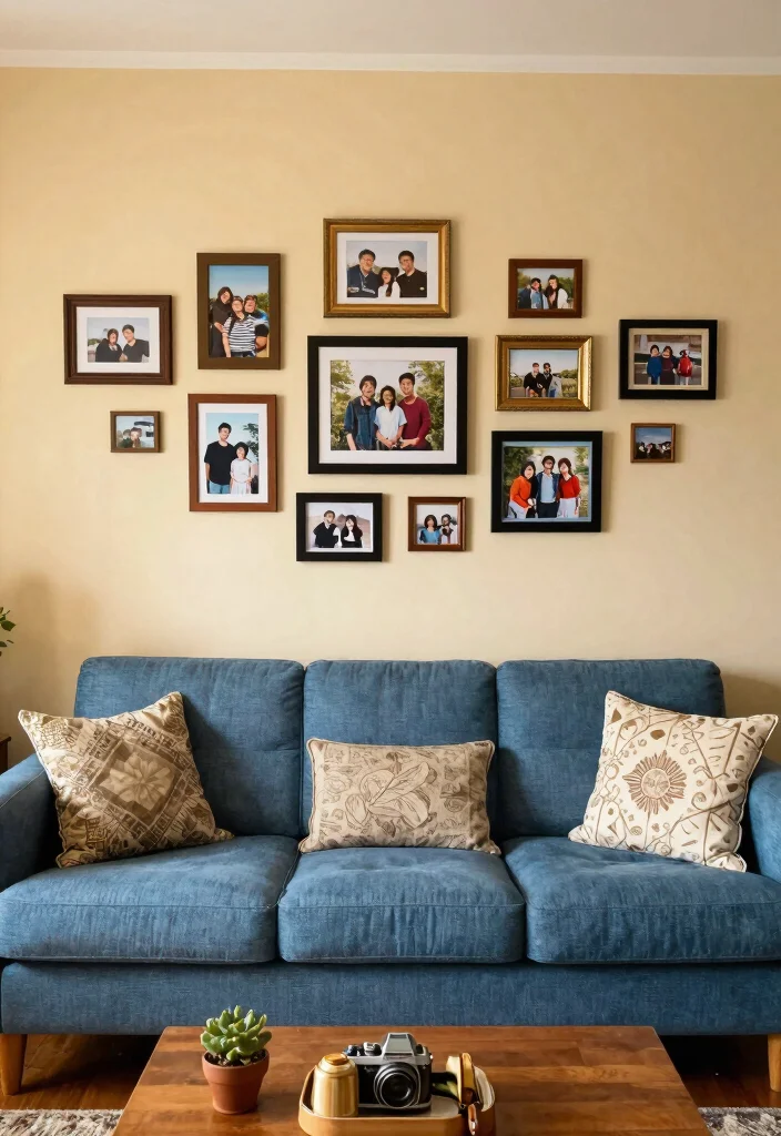 16 Blue Couch Living Room Decor Ideas Fresh Coordinated Style - 16. Personalized Touches with Family Mementos 1