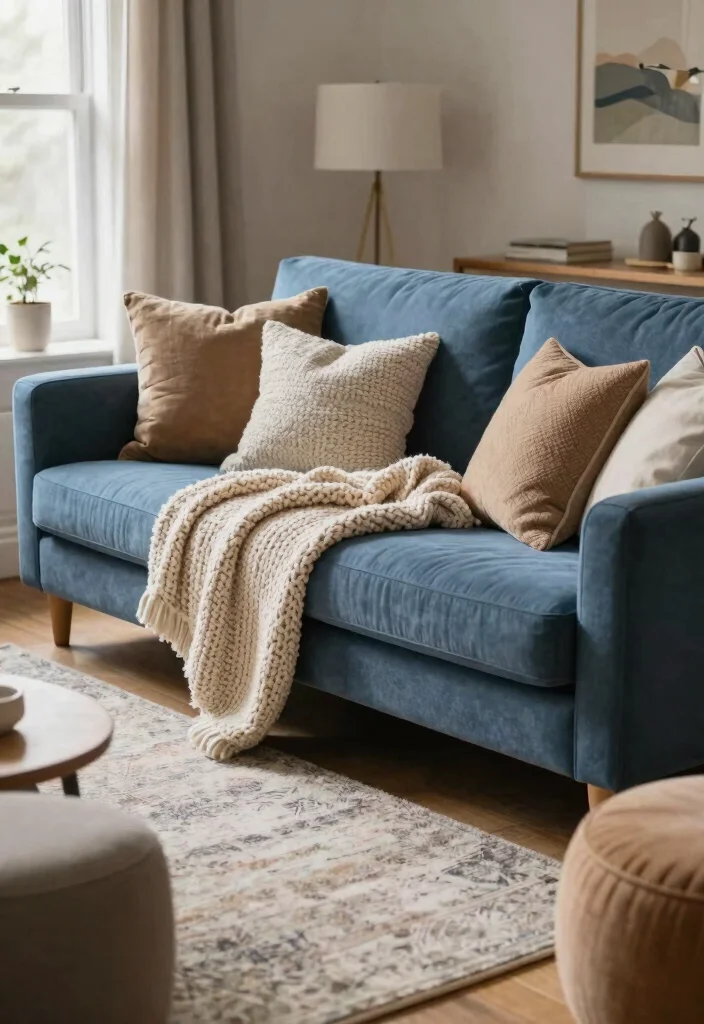 16 Blue Couch Living Room Decor Ideas Fresh Coordinated Style - 5. Layered Textiles for Comfort 1