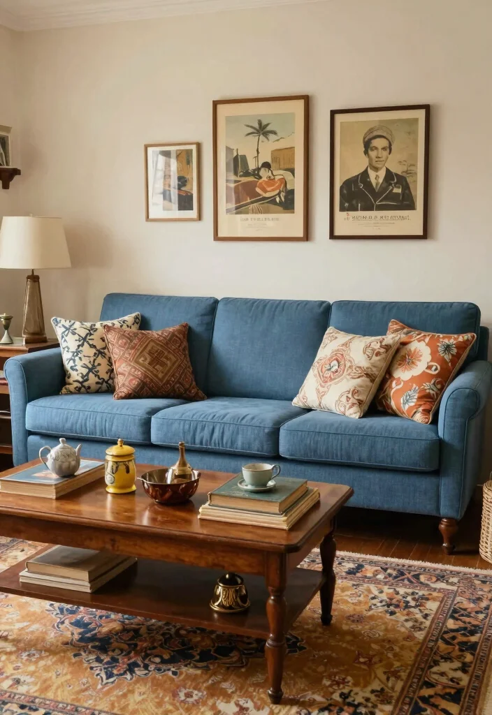16 Blue Couch Living Room Decor Ideas Fresh Coordinated Style - 7. Vintage Charm with Retro Accessories 1