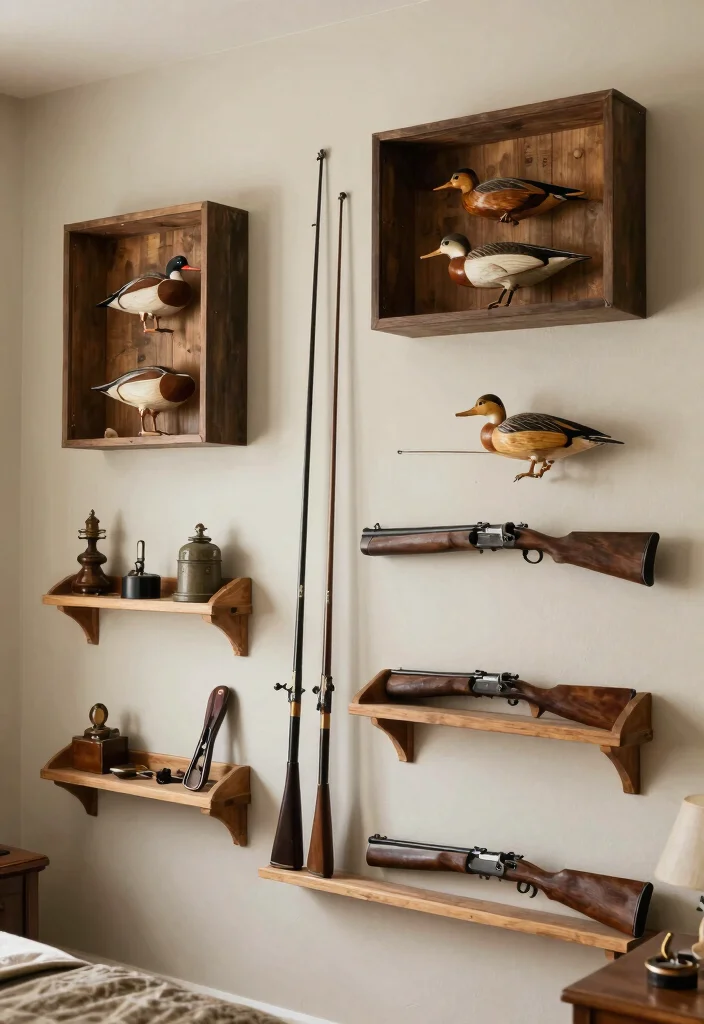 16 Boys Hunting Bedroom Ideas: Rustic Outdoor Theme - 7. Vintage Hunting Gear Display 1