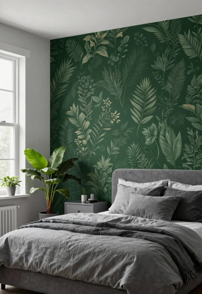 16 Green and Gray Bedroom Ideas: Calm Modern Harmony - 1. Nature-Inspired Accent Walls 1