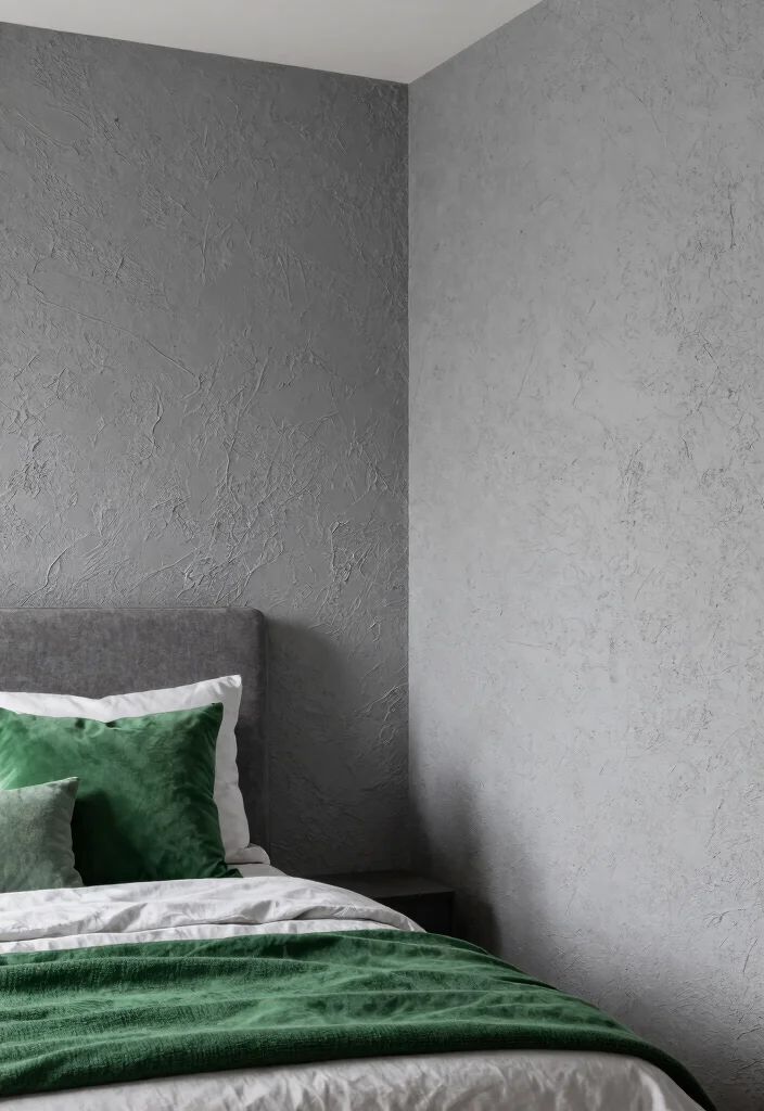 16 Green and Gray Bedroom Ideas: Calm Modern Harmony - 10. Textured Gray Walls 1