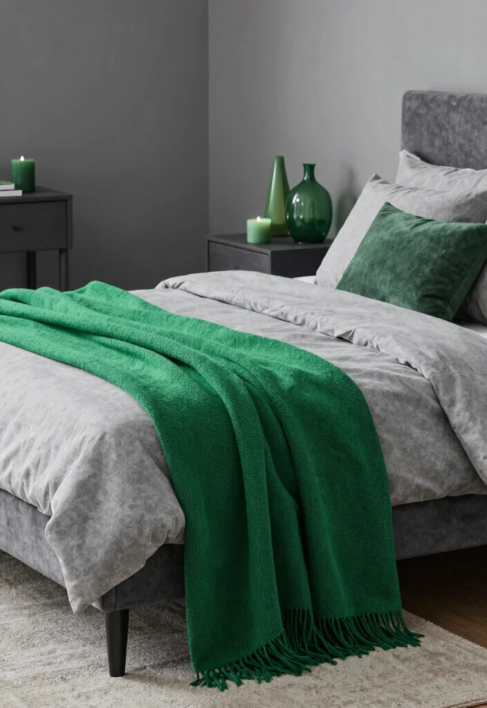 16 Green and Gray Bedroom Ideas: Calm Modern Harmony - 11. Green Accents in Decor 1