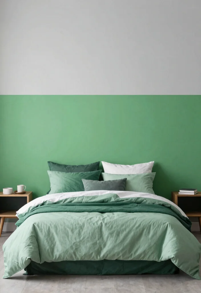 16 Green and Gray Bedroom Ideas: Calm Modern Harmony - 13. Harmonious Color Blocking 1