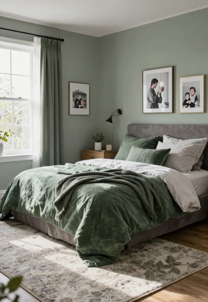 16 Green and Gray Bedroom Ideas: Calm Modern Harmony - 16. A Balanced Blend of Elements 1
