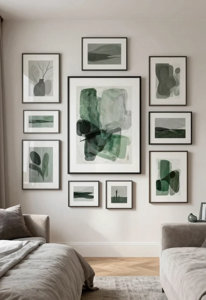 16 Green and Gray Bedroom Ideas: Calm Modern Harmony - 6. Gray and Green Artwork 1