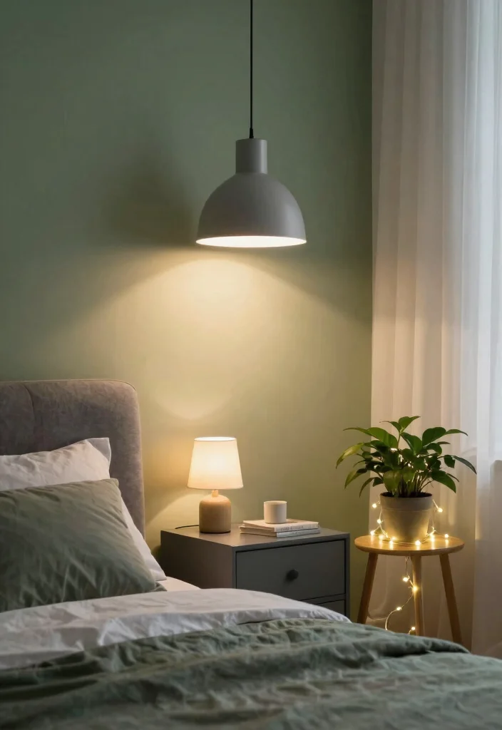 16 Green and Gray Bedroom Ideas: Calm Modern Harmony - 9. Layered Lighting Techniques 1