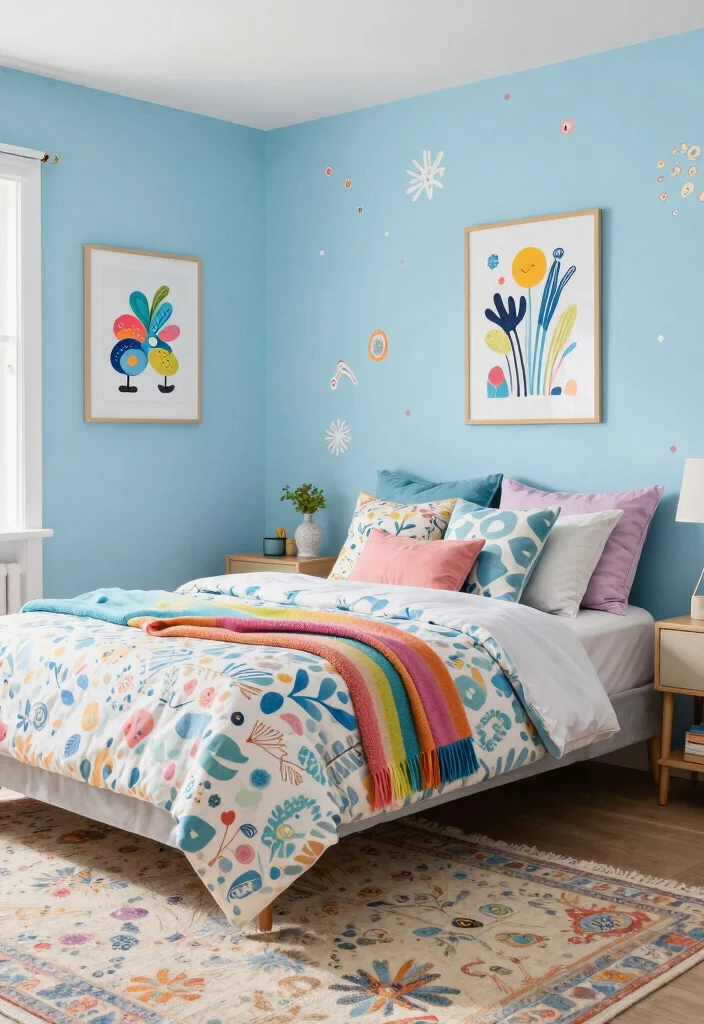 16 Light Blue Bedroom Walls Ideas for an Airy, Relaxed Look - 11. Playful Patterns with Light Blue 1