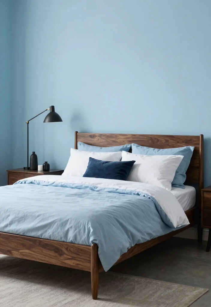 16 Light Blue Bedroom Walls Ideas for an Airy, Relaxed Look - 12. Contrast with Dark Features 1