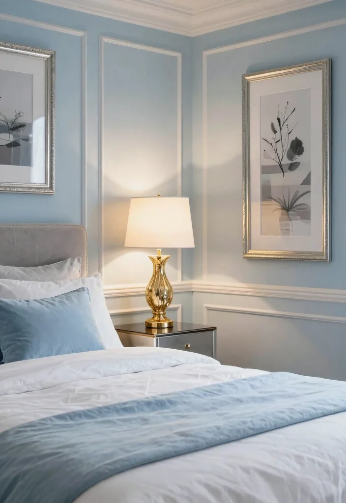16 Light Blue Bedroom Walls Ideas for an Airy, Relaxed Look - 13. Incorporating Metallics for Glamour 1