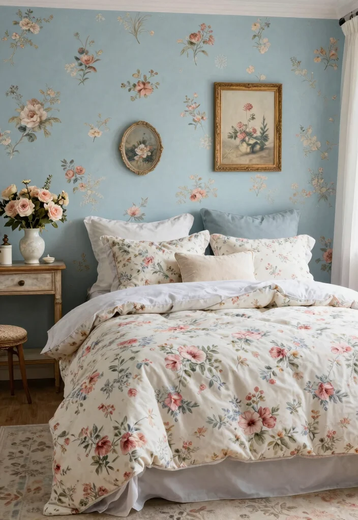 16 Light Blue Bedroom Walls Ideas for an Airy, Relaxed Look - 14. Vintage Floral Touches 1