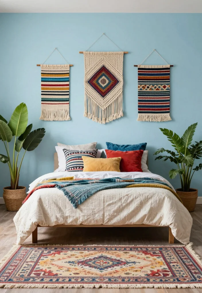 16 Light Blue Bedroom Walls Ideas for an Airy, Relaxed Look - 16. Effortless Boho Style 1