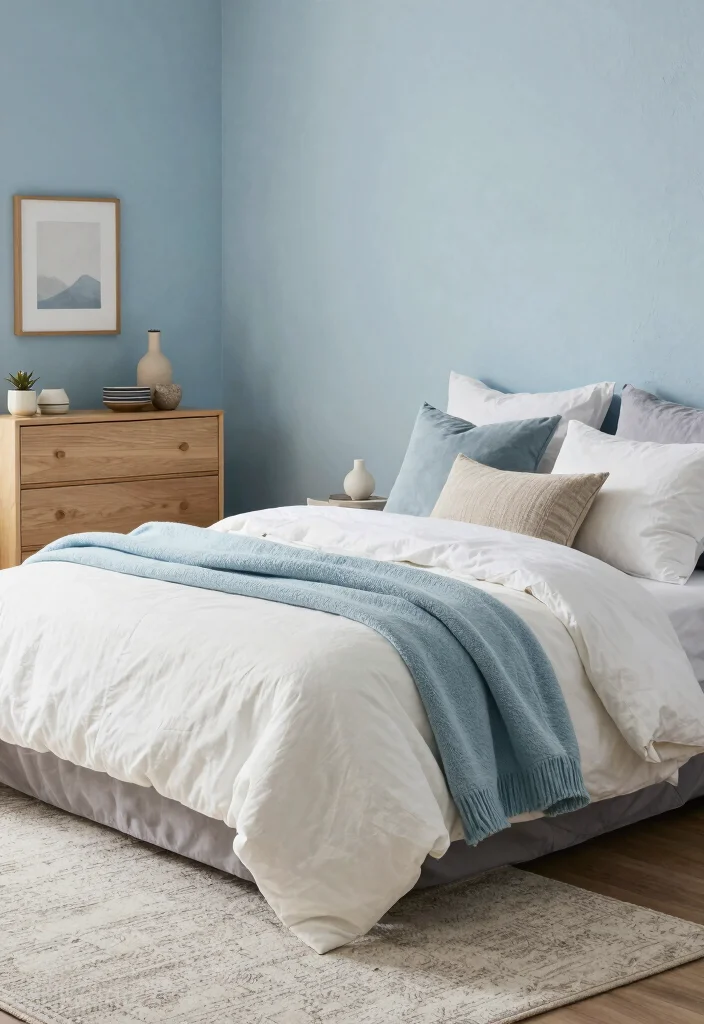 16 Light Blue Bedroom Walls Ideas for an Airy, Relaxed Look - 4. Layered Textures for Depth 1