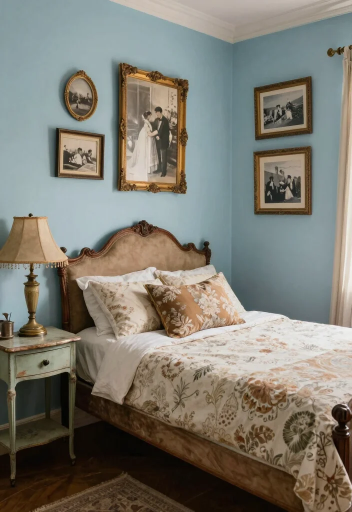 16 Light Blue Bedroom Walls Ideas for an Airy, Relaxed Look - 7. Charming Vintage Touches 1