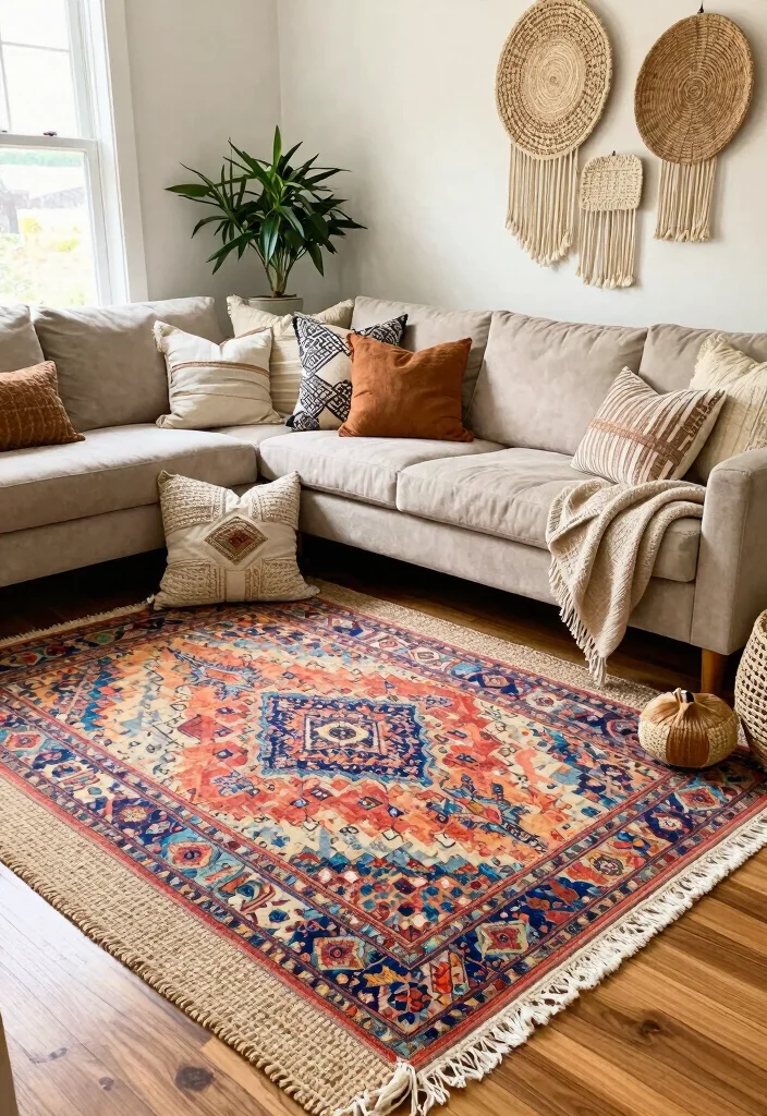 16 Living Room Rugs on Hardwood Ideas for a Layered Cozy Look - 1. The Bohemian Layer 1