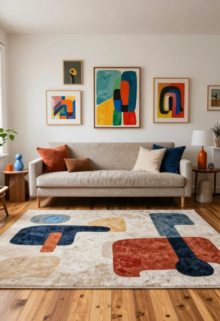 16 Living Room Rugs on Hardwood Ideas for a Layered Cozy Look - 12. Artistic Flair 1
