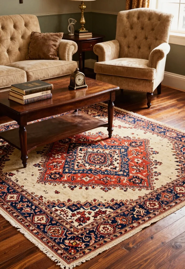 16 Living Room Rugs on Hardwood Ideas for a Layered Cozy Look - 3. Vintage Charm 1