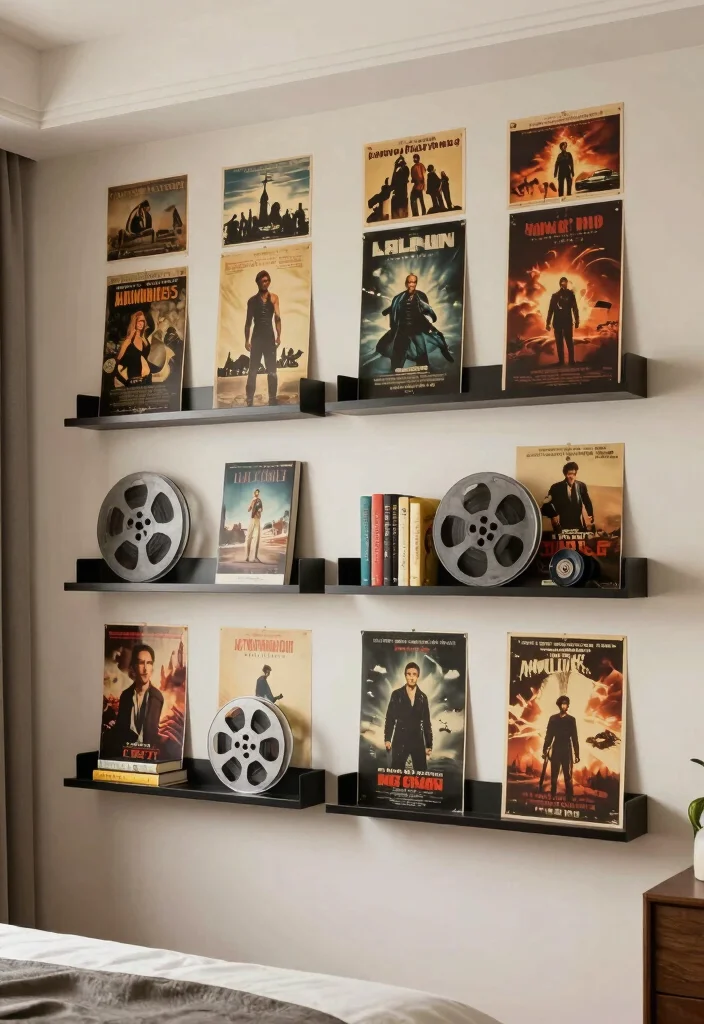 16 Movie Poster Wall Bedroom Ideas Cool Cinematic Decor - 10. Implementing Floating Shelves 1
