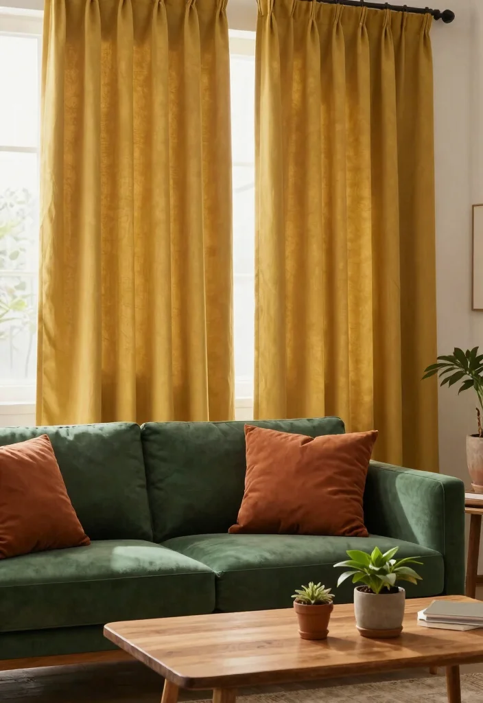 16 Mustard Curtains Living Room Ideas: Warm Trendy Pop - 1. Layering with Mustard and Earthy Tones 1