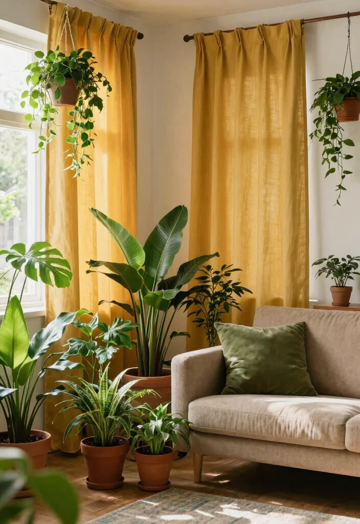 16 Mustard Curtains Living Room Ideas: Warm Trendy Pop - 10. Incorporating Plants with Mustard Curtains 1