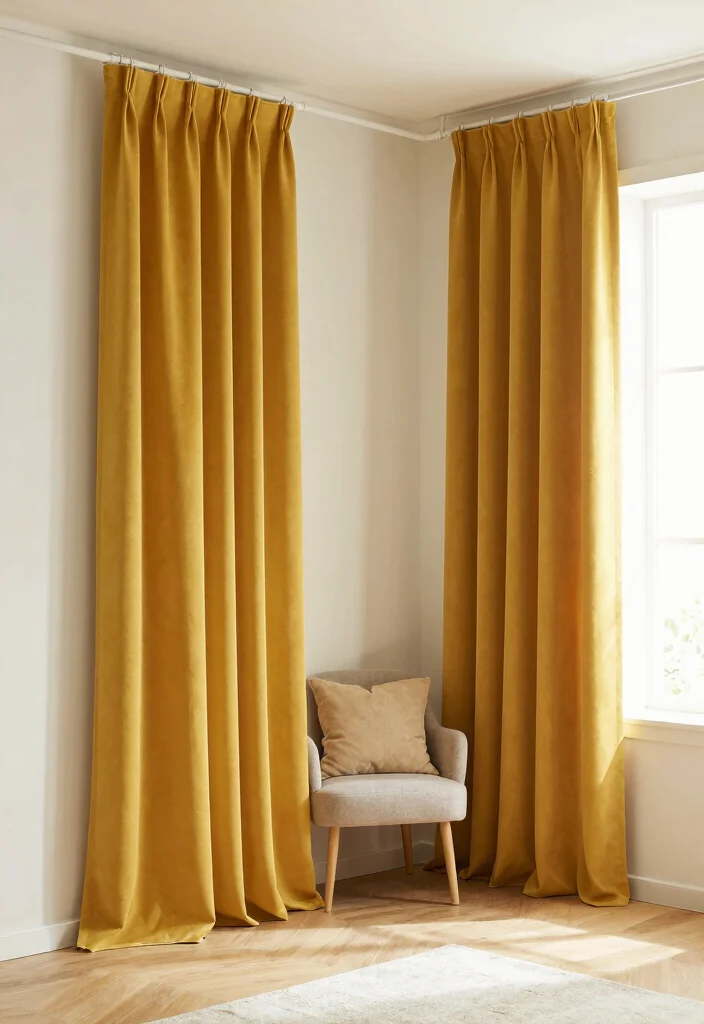 16 Mustard Curtains Living Room Ideas: Warm Trendy Pop - 11. Mustard Curtains as a Room Divider 1