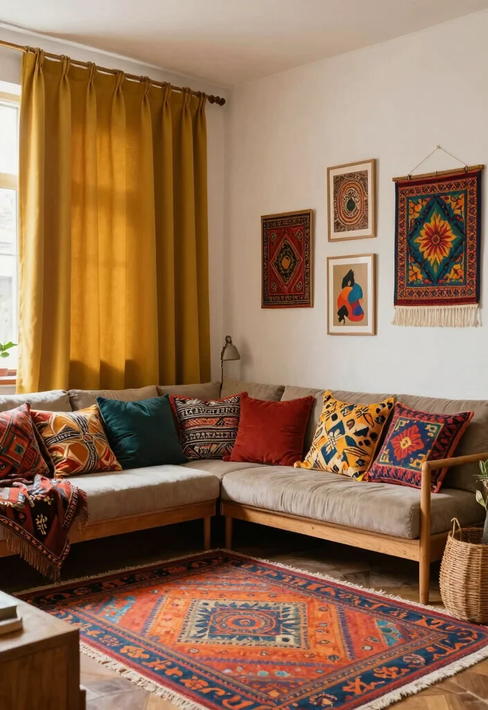 16 Mustard Curtains Living Room Ideas: Warm Trendy Pop - 13. Bohemian Patterns and Mustard 1