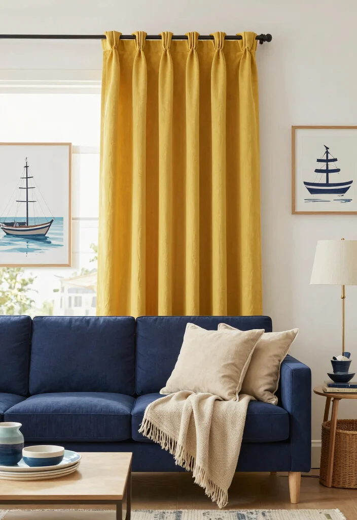 16 Mustard Curtains Living Room Ideas: Warm Trendy Pop - 14. Mustard with Coastal Vibes 1