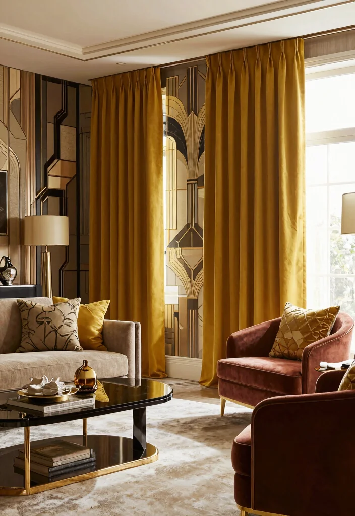 16 Mustard Curtains Living Room Ideas: Warm Trendy Pop - 15. Mustard and Art Deco Inspiration 1