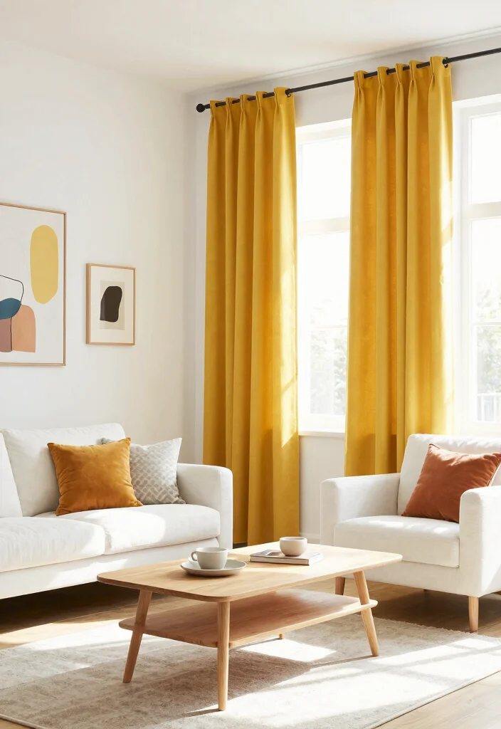 16 Mustard Curtains Living Room Ideas: Warm Trendy Pop - 2. Mustard Accents with White Walls 1