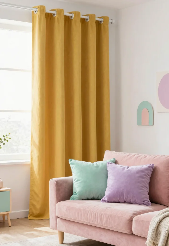 16 Mustard Curtains Living Room Ideas: Warm Trendy Pop - 4. Combining Mustard with Pastels 1