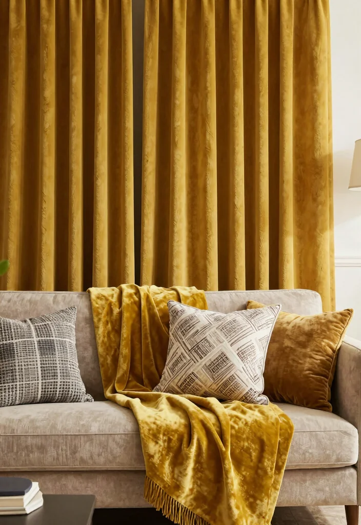 16 Mustard Curtains Living Room Ideas: Warm Trendy Pop - 7. Textured Layering with Mustard 1