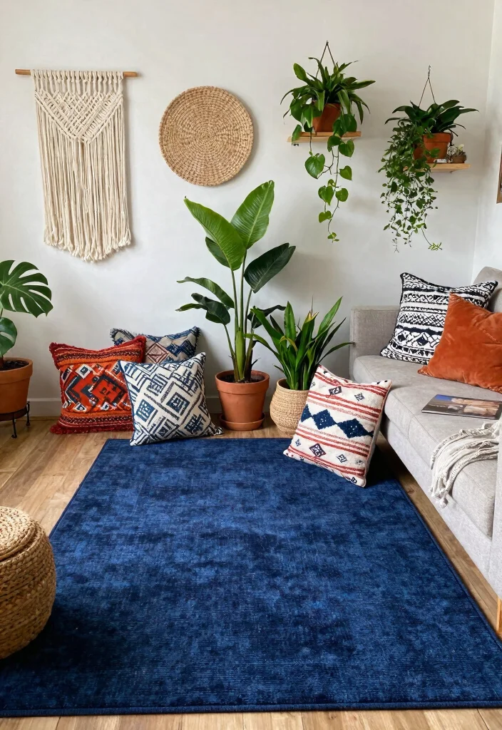 16 Navy Blue Rug Living Room Ideas: Rich Grounding Tone - 10. Bohemian Bliss with Navy Blue 1