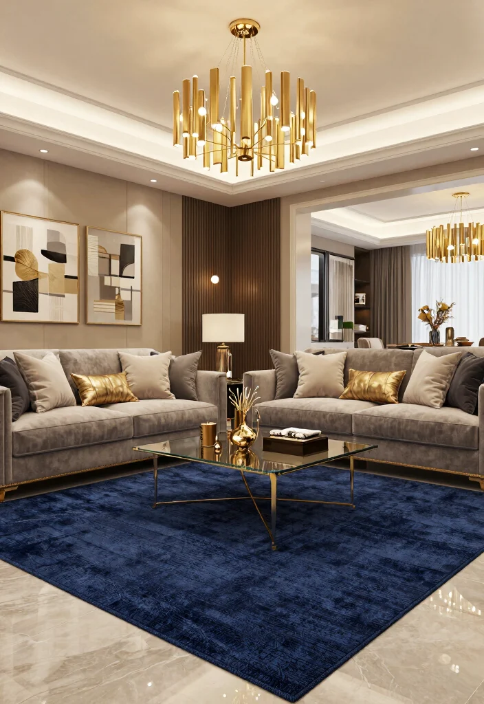 16 Navy Blue Rug Living Room Ideas: Rich Grounding Tone - 11. Glamorous Touch with Metallic Accents 1