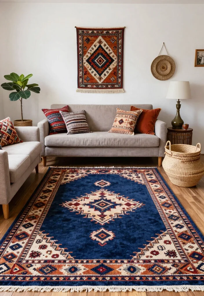 16 Navy Blue Rug Living Room Ideas: Rich Grounding Tone - 12. Cultural Inspirations with Global Textiles 1