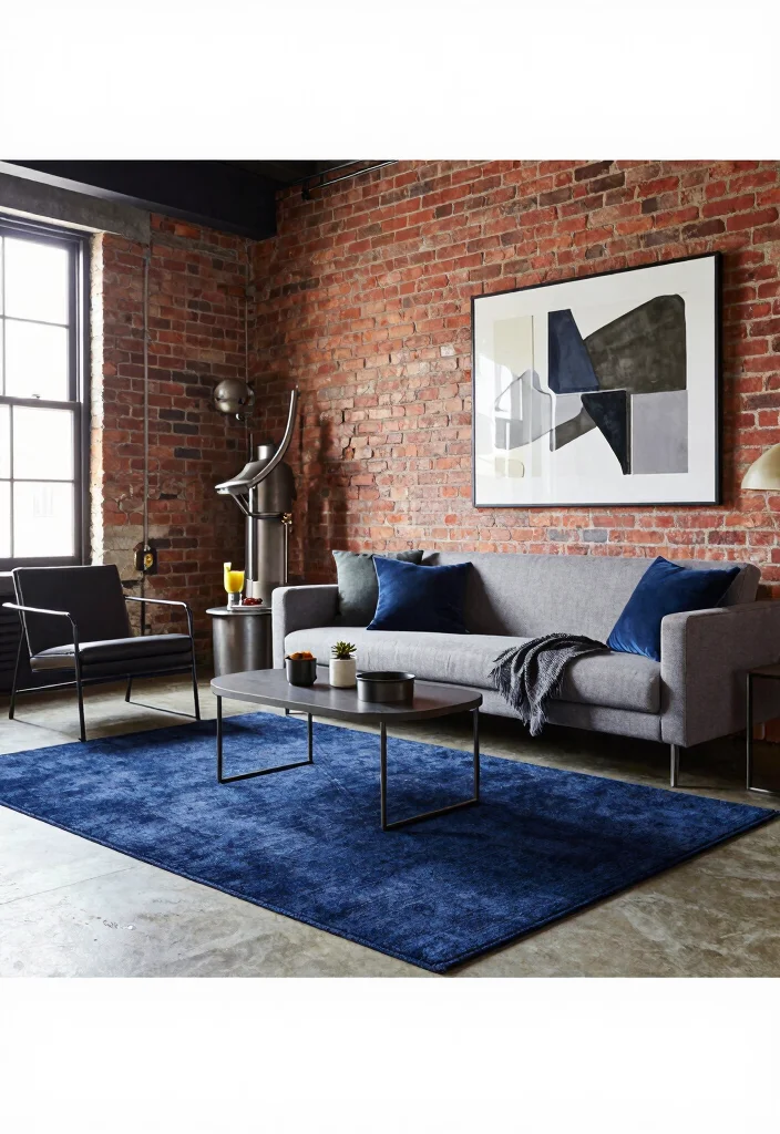 16 Navy Blue Rug Living Room Ideas: Rich Grounding Tone - 14. Urban Chic with Industrial Touches 1