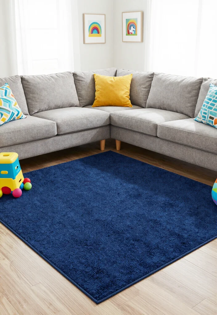 16 Navy Blue Rug Living Room Ideas: Rich Grounding Tone - 15. Family-Friendly Fun with Durable Materials 1
