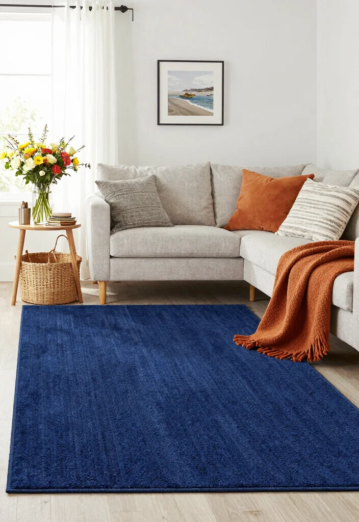 16 Navy Blue Rug Living Room Ideas: Rich Grounding Tone - 16. Seasonal Decor Adaptation 1