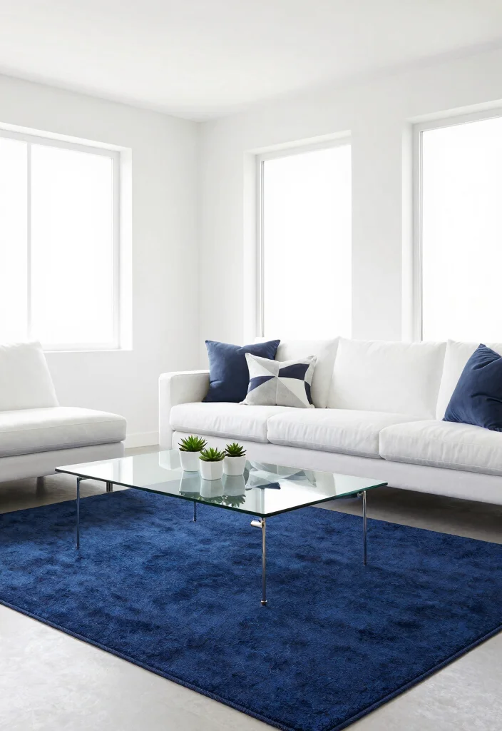 16 Navy Blue Rug Living Room Ideas: Rich Grounding Tone - 3. Modern Minimalism with Bold Contrasts 1