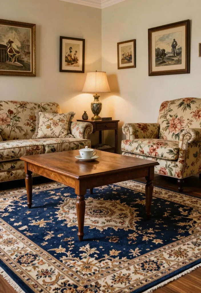 16 Navy Blue Rug Living Room Ideas: Rich Grounding Tone - 4. Vintage Vibes with Patterned Rugs 1