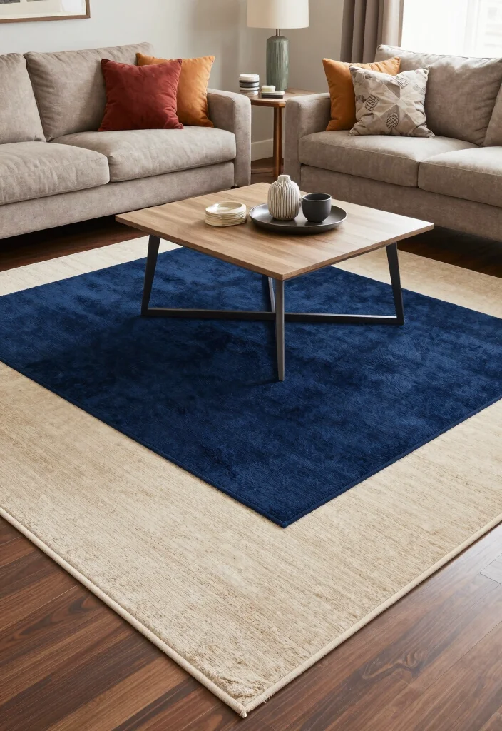 16 Navy Blue Rug Living Room Ideas: Rich Grounding Tone - 6. Layering with Rugs for Depth 1