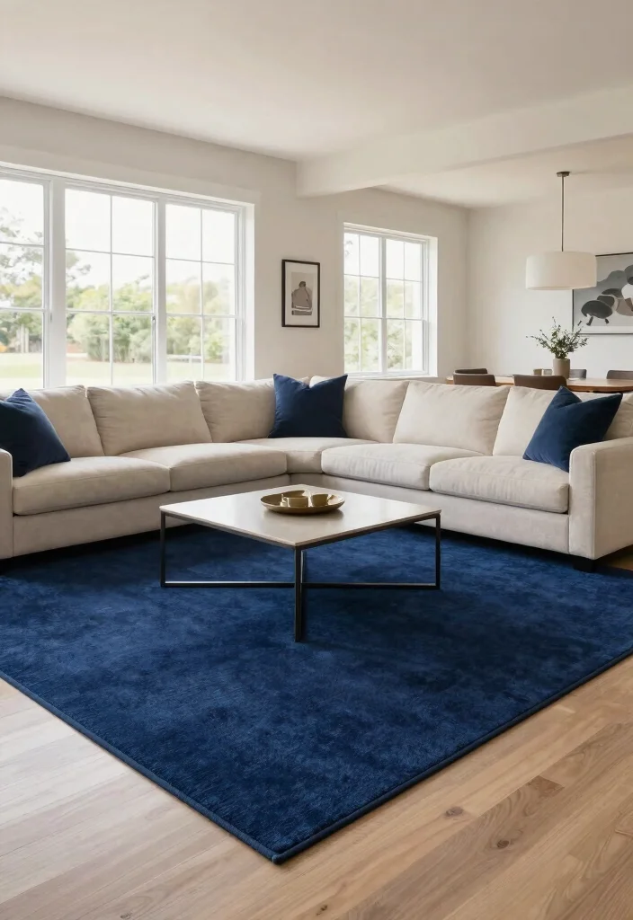 16 Navy Blue Rug Living Room Ideas: Rich Grounding Tone - 8. Open Concept Living with Cohesive Flow 1