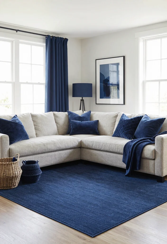 16 Navy Blue Rug Living Room Ideas: Rich Grounding Tone - 9. Monochromatic Elegance 1