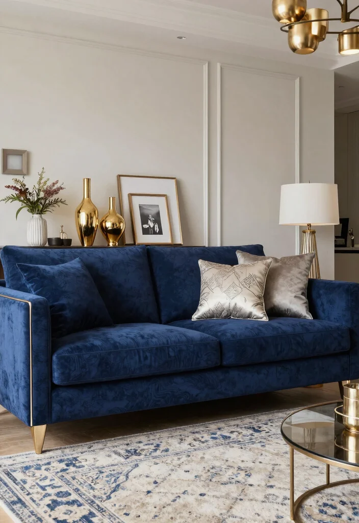 16 Navy Blue Sofa Living Room Ideas Bold Classic Style - 11. Incorporate Metallics 1