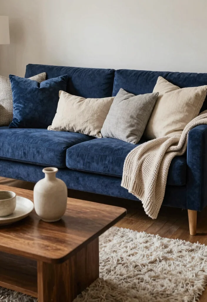 16 Navy Blue Sofa Living Room Ideas Bold Classic Style - 2. Layered Textures for Depth 1