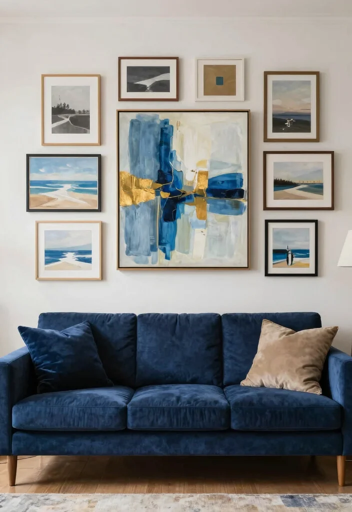 16 Navy Blue Sofa Living Room Ideas Bold Classic Style - 4. Statement Wall Art 1
