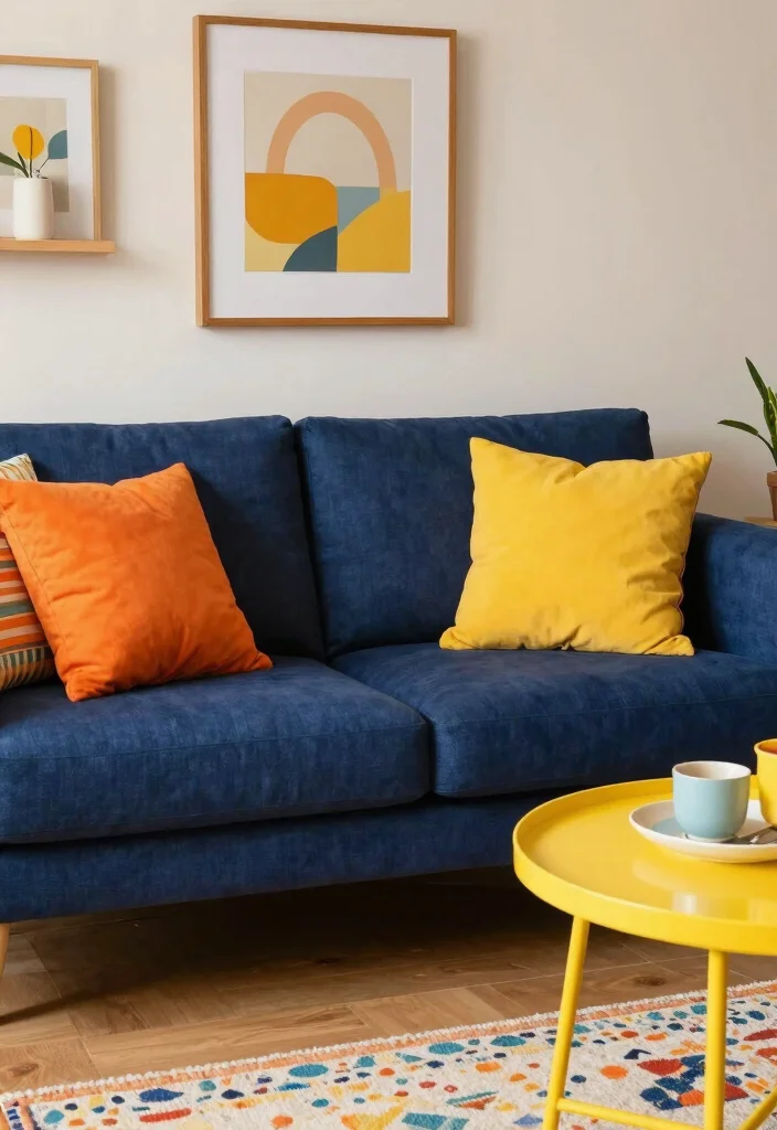 16 Navy Blue Sofa Living Room Ideas Bold Classic Style - 5. Bright and Bold Accessories 1