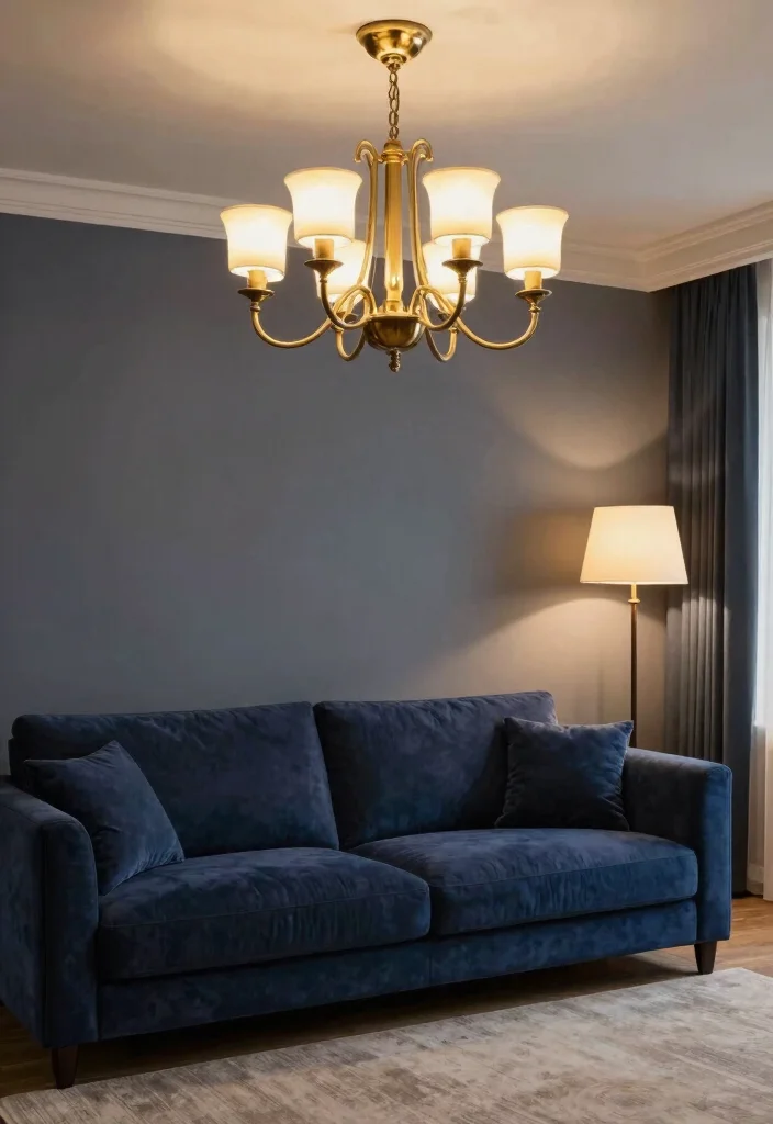 16 Navy Blue Sofa Living Room Ideas Bold Classic Style - 6. Elegant Lighting Fixtures 1