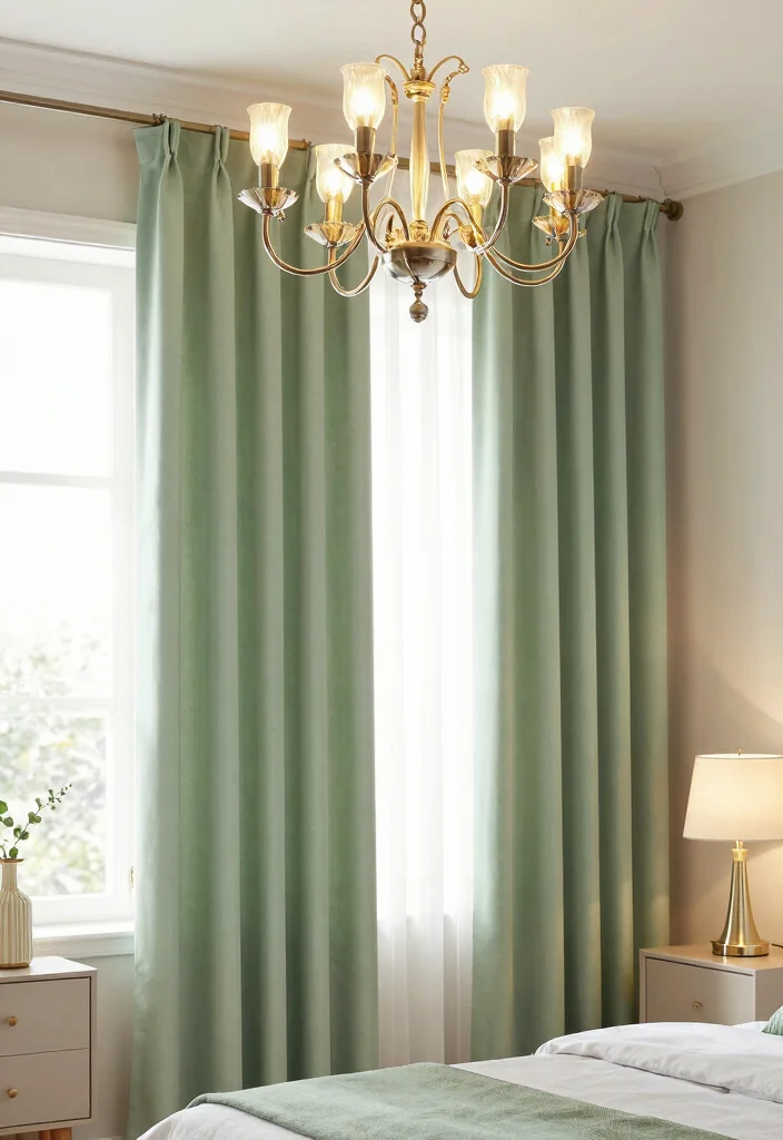 16 Sage Green Curtains Bedroom Ideas: Calm Elegant Touch - 13. Statement Lighting 1