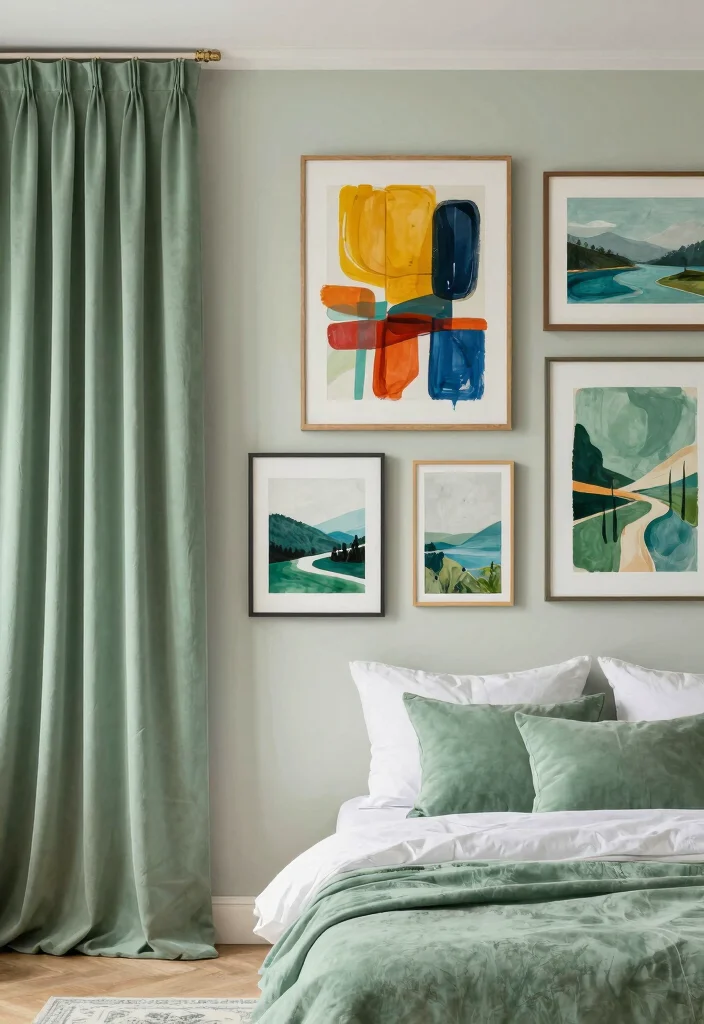 16 Sage Green Curtains Bedroom Ideas: Calm Elegant Touch - 14. Artistic Touches 1